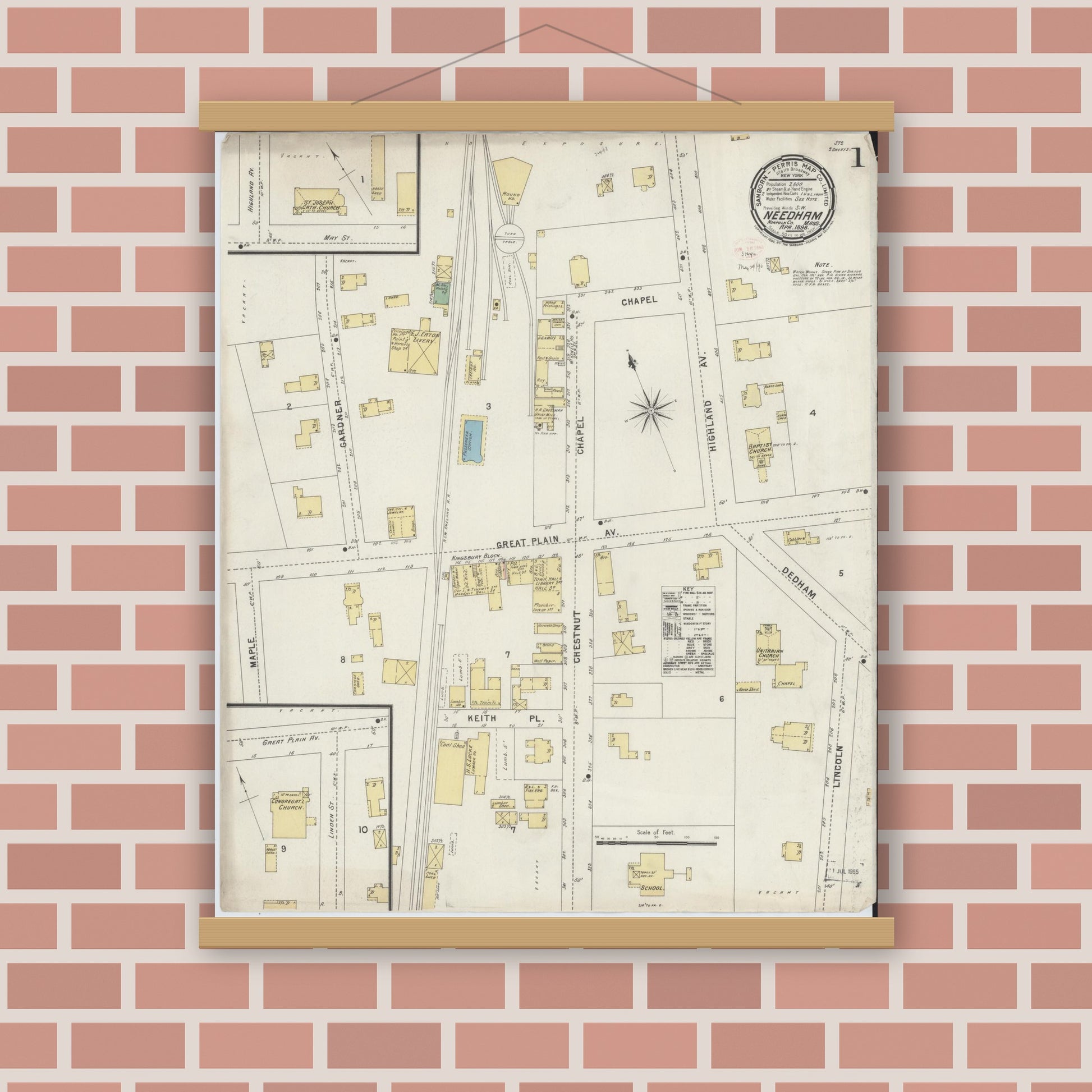 Old map wall art mockup — magnetic wood frame on brick wall — Sanborn Fire Insurance Map from Needham, Norfolk County, Massachusetts (1896), Sheet #0001