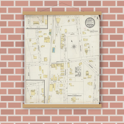 Old map wall art mockup — magnetic wood frame on brick wall — Sanborn Fire Insurance Map from Needham, Norfolk County, Massachusetts (1896), Sheet #0001