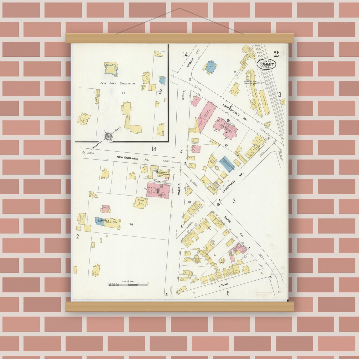 Old map wall art mockup — magnetic wood frame on brick wall — Sanborn Fire Insurance Map from Summit, Union County, New Jersey (1911) - Complete Map Set