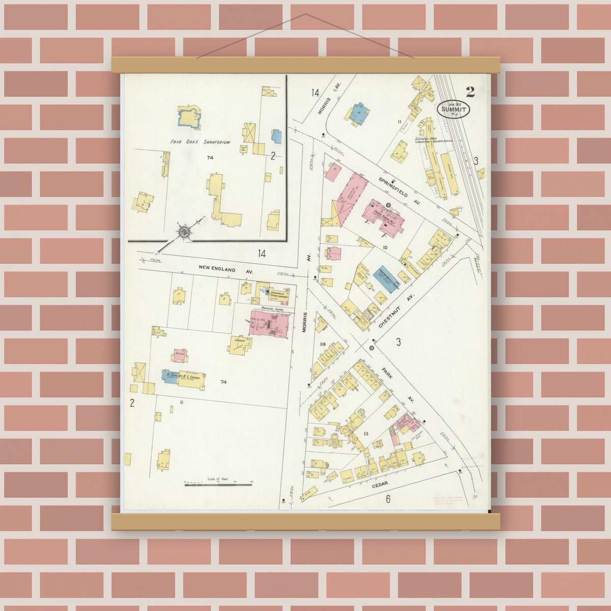 Old map wall art mockup — magnetic wood frame on brick wall — Sanborn Fire Insurance Map from Summit, Union County, New Jersey (1911) - Complete Map Set