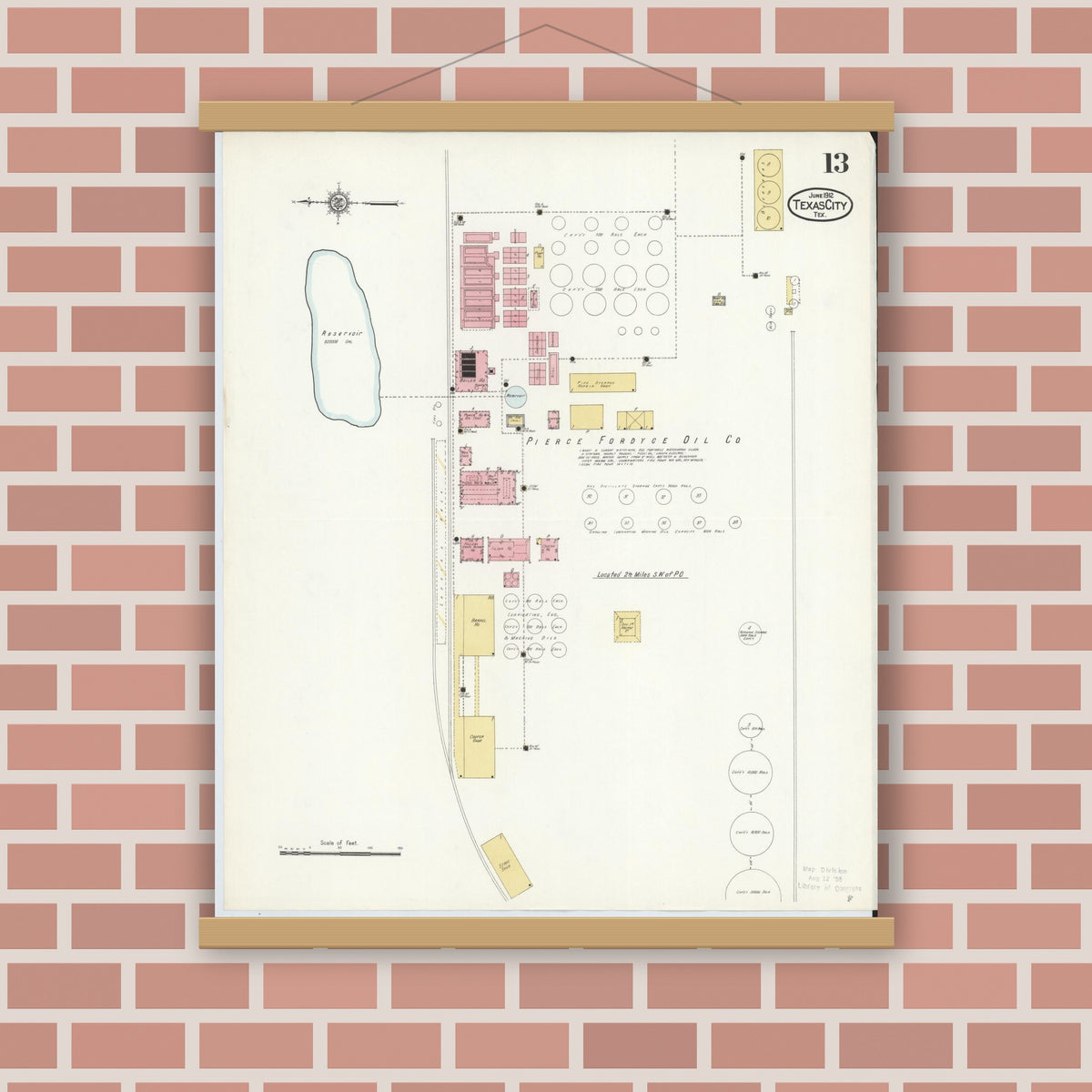 Old map wall art mockup — magnetic wood frame on brick wall — Sanborn Fire Insurance Map from Texas City, Galveston County, Texas (1912), Sheet #0013