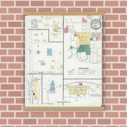 Old map wall art mockup — magnetic wood frame on brick wall — Sanborn Fire Insurance Map from Berea, Cuyahoga County, Ohio (1901), Sheet #0001