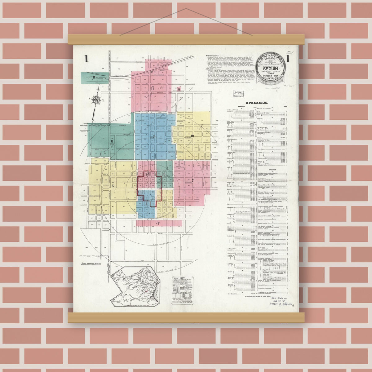 Old map wall art mockup — magnetic wood frame on brick wall — Sanborn Fire Insurance Map from Seguin, Guadalupe County, Texas (1924) - Complete Map Set