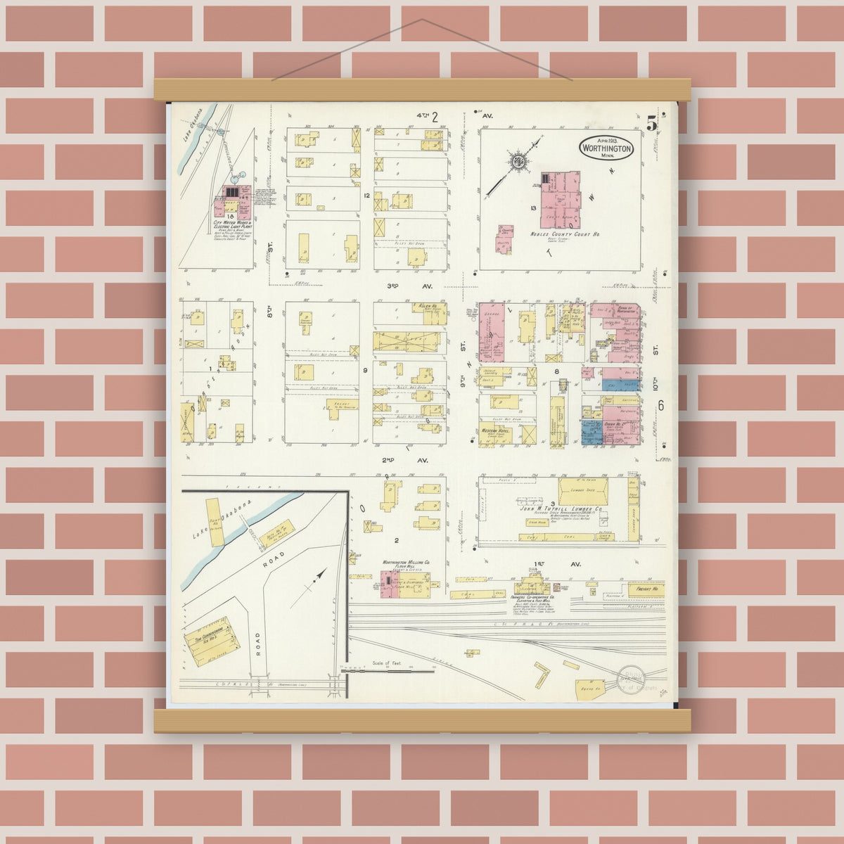 Old map wall art mockup — magnetic wood frame on brick wall — Sanborn Fire Insurance Map from Worthington, Nobles County, Minnesota (1913), Sheet #0005