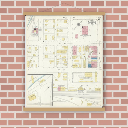 Old map wall art mockup — magnetic wood frame on brick wall — Sanborn Fire Insurance Map from Worthington, Nobles County, Minnesota (1913), Sheet #0005