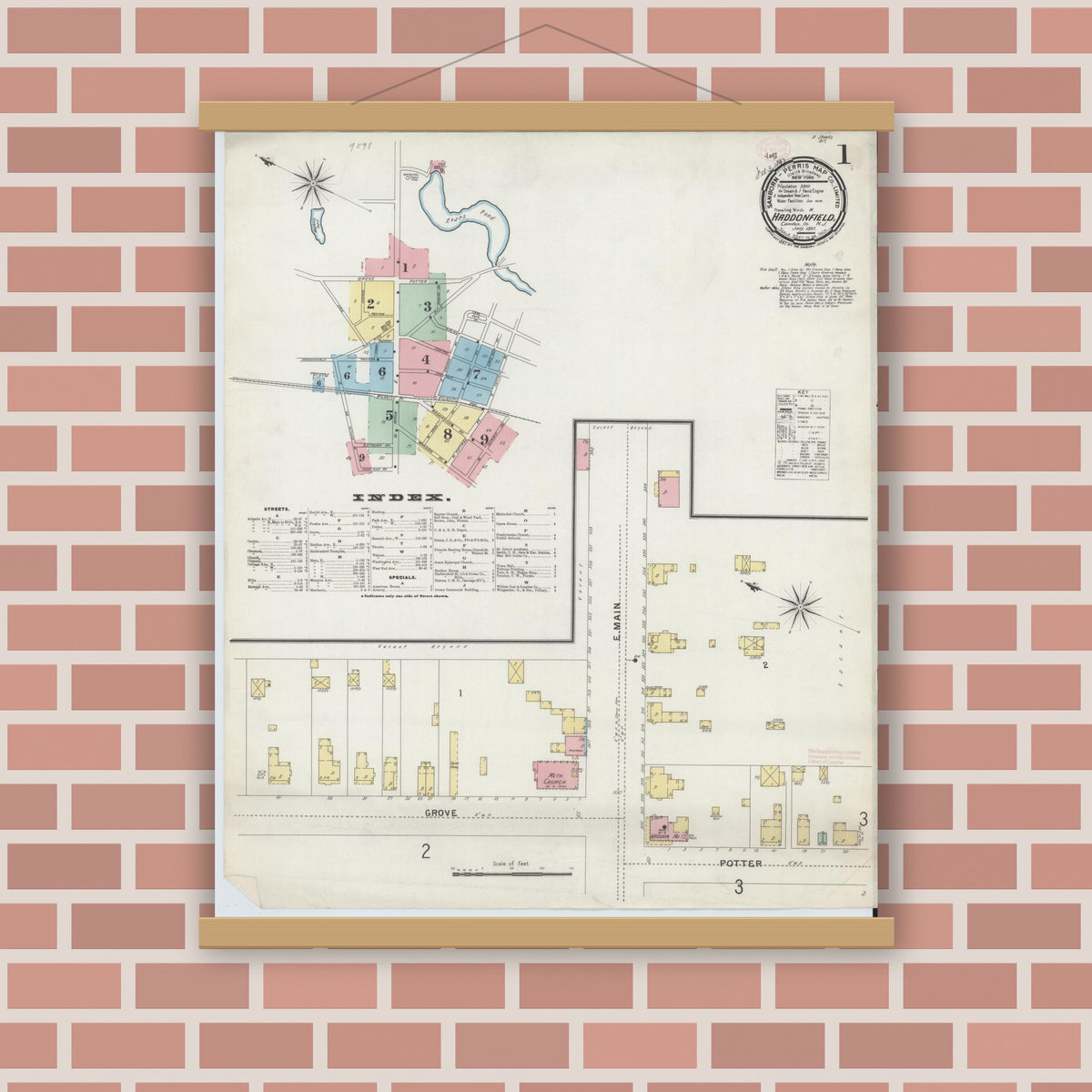 Old map wall art mockup — magnetic wood frame on brick wall — Sanborn Fire Insurance Map from Haddonfield, Camden County, New Jersey (1897), Sheet #0001