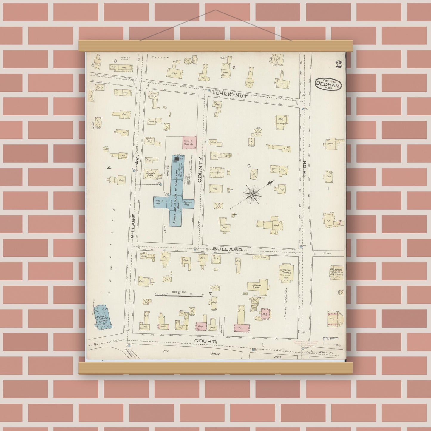 Old map wall art mockup — magnetic wood frame on brick wall — Sanborn Fire Insurance Map from Dedham, Norfolk County, Massachusetts (1885), Sheet #0002