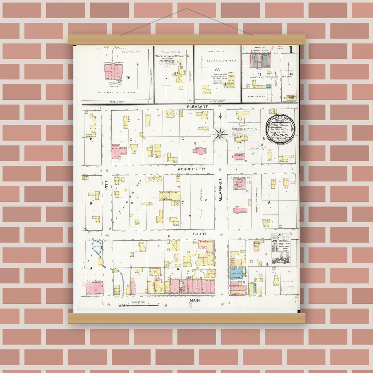 Old map wall art mockup — magnetic wood frame on brick wall — Sanborn Fire Insurance Map from Waukon, Allamakee County, Iowa (1892) â€” Complete Set