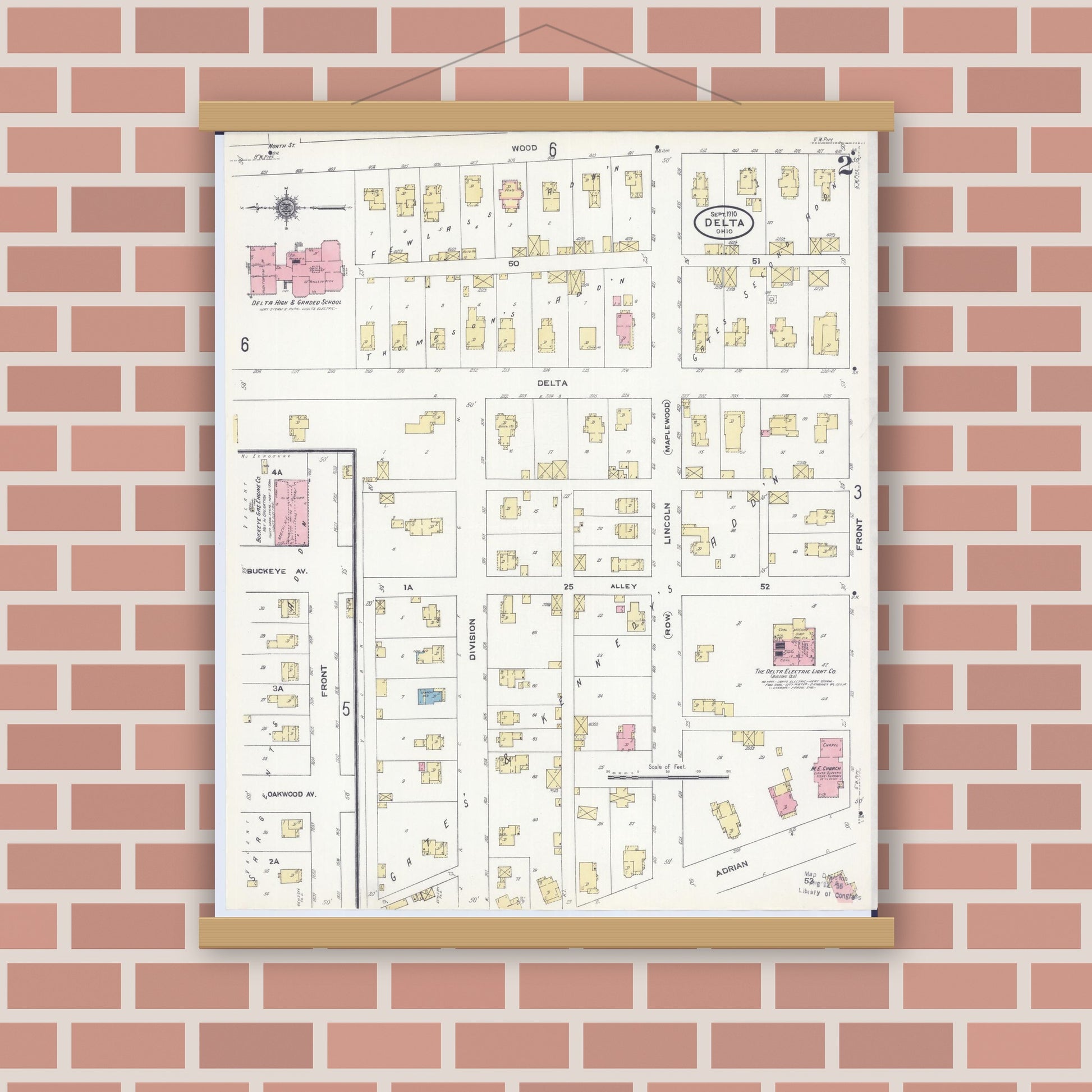 Old map wall art mockup — magnetic wood frame on brick wall — Sanborn Fire Insurance Map from Delta, Fulton County, Ohio (1910), Sheet #0002