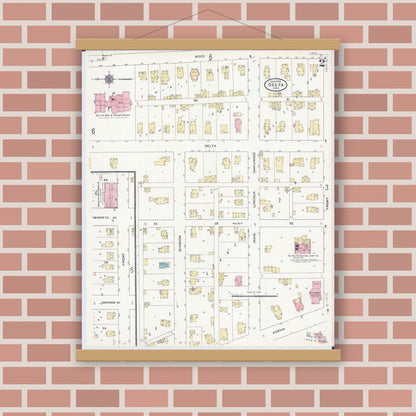 Old map wall art mockup — magnetic wood frame on brick wall — Sanborn Fire Insurance Map from Delta, Fulton County, Ohio (1910), Sheet #0002
