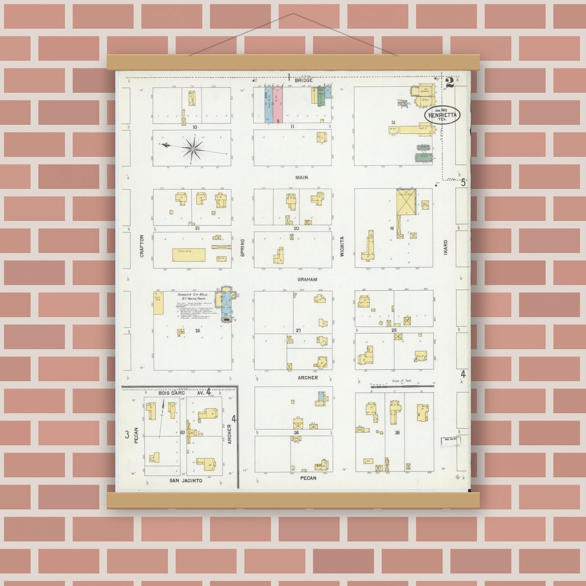 Old map wall art mockup — magnetic wood frame on brick wall — Sanborn Fire Insurance Map from Henrietta, Clay County, Texas (1902), Sheet #0002