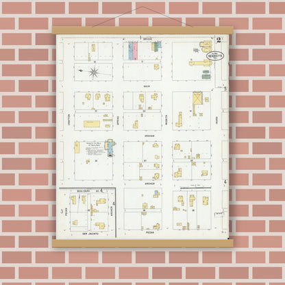 Old map wall art mockup — magnetic wood frame on brick wall — Sanborn Fire Insurance Map from Henrietta, Clay County, Texas (1902), Sheet #0002