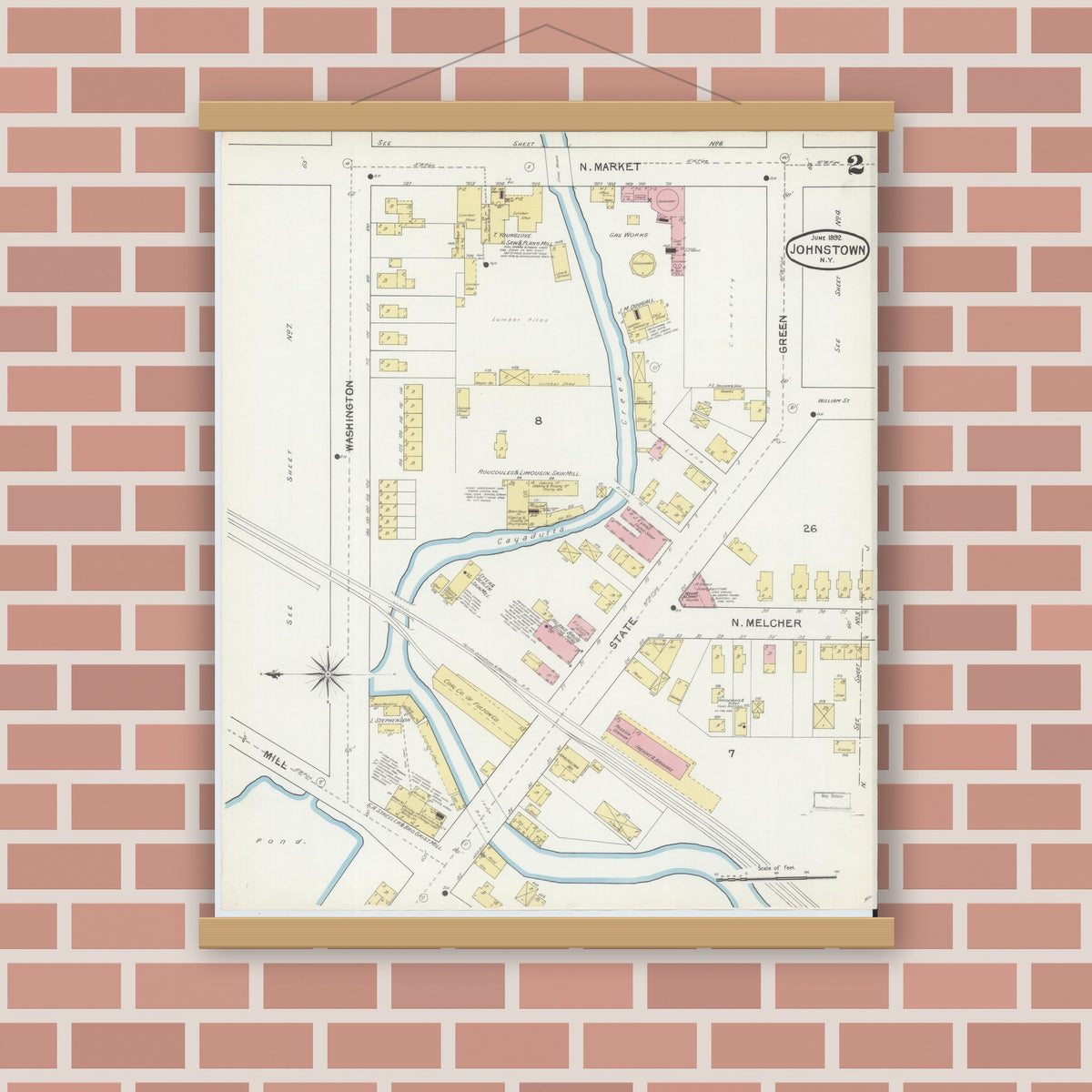 Old map wall art mockup — magnetic wood frame on brick wall — Sanborn Fire Insurance Map from Johnstown, Fulton County, New York (1892), Sheet #0002