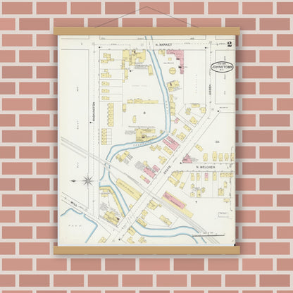 Old map wall art mockup — magnetic wood frame on brick wall — Sanborn Fire Insurance Map from Johnstown, Fulton County, New York (1892), Sheet #0002