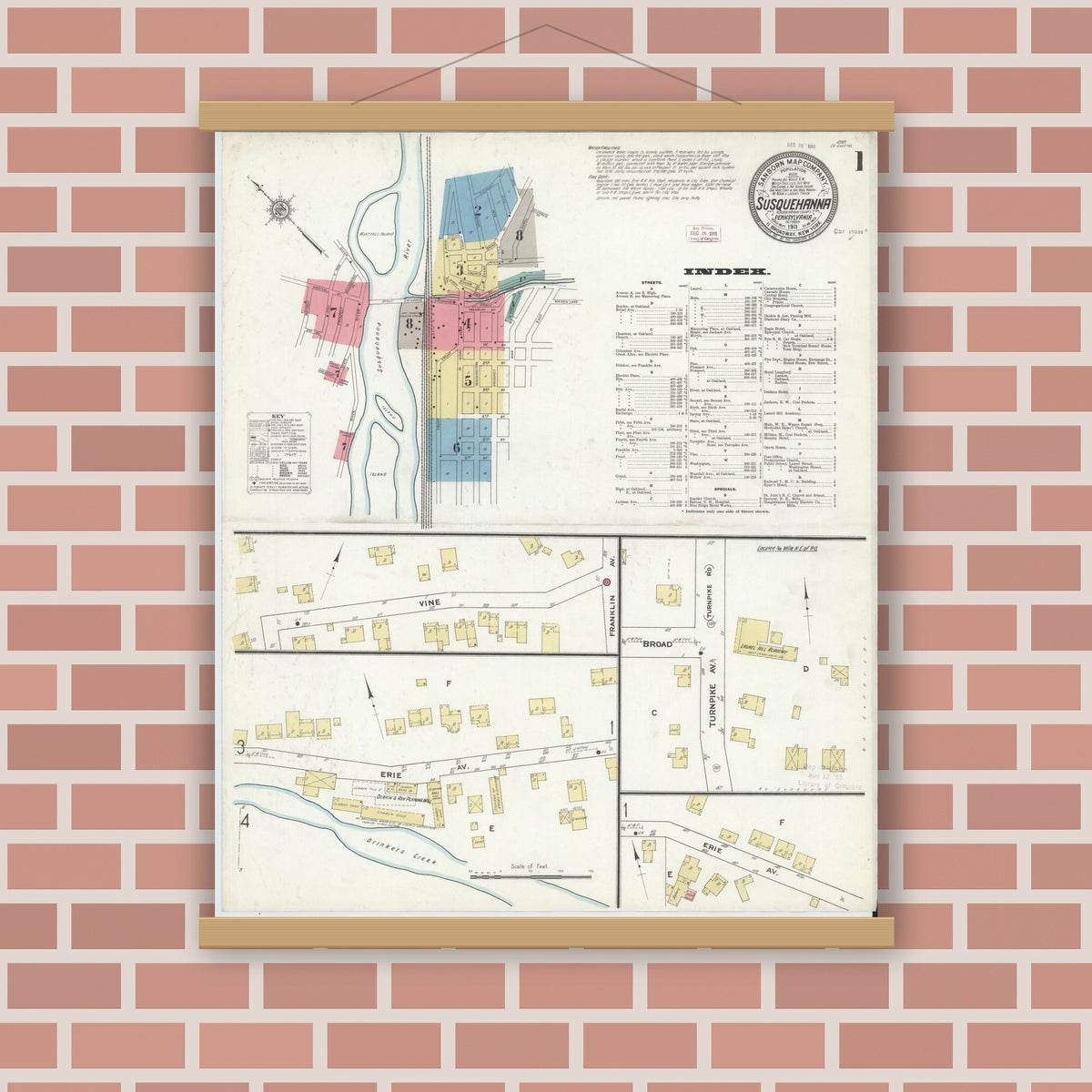 Old map wall art mockup — magnetic wood frame on brick wall — Sanborn Fire Insurance Map from Susquehanna, Susquehanna County, Pennsylvania (1911), Sheet #0001
