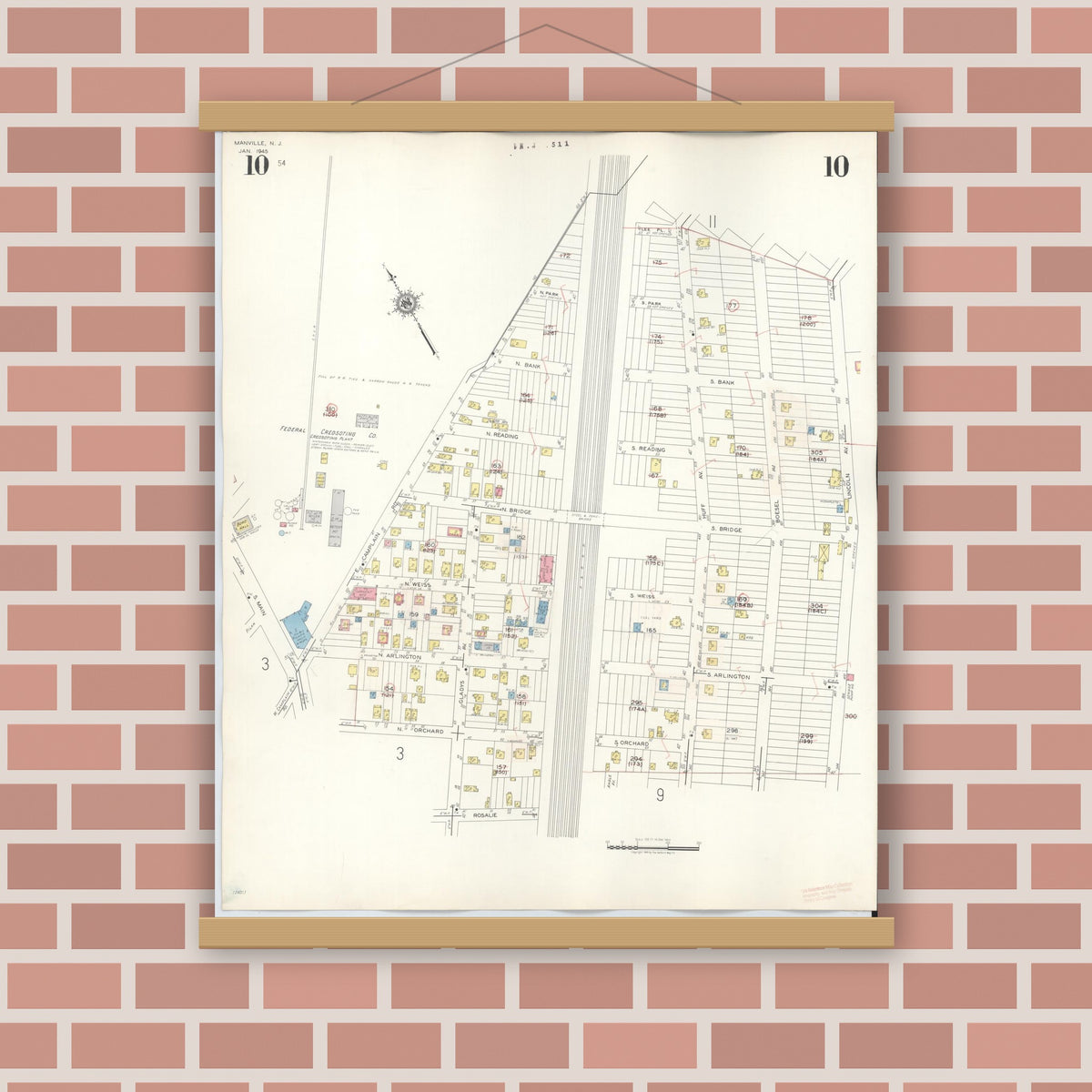 Old map wall art mockup — magnetic wood frame on brick wall — Sanborn Fire Insurance Map from Manville, Somerset County, New Jersey (1949), Sheet #0010
