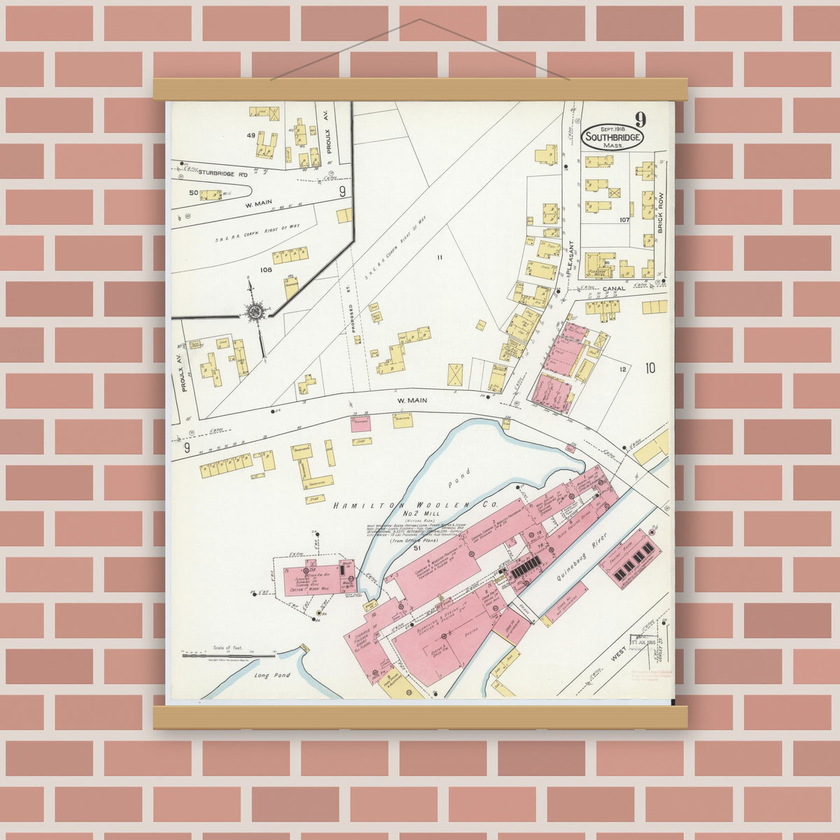 Old map wall art mockup — magnetic wood frame on brick wall — Sanborn Fire Insurance Map from Southbridge, Worcester County, Massachusetts (1918), Sheet #0009