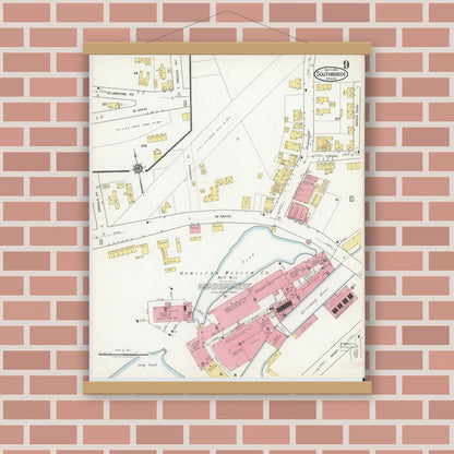 Old map wall art mockup — magnetic wood frame on brick wall — Sanborn Fire Insurance Map from Southbridge, Worcester County, Massachusetts (1918), Sheet #0009
