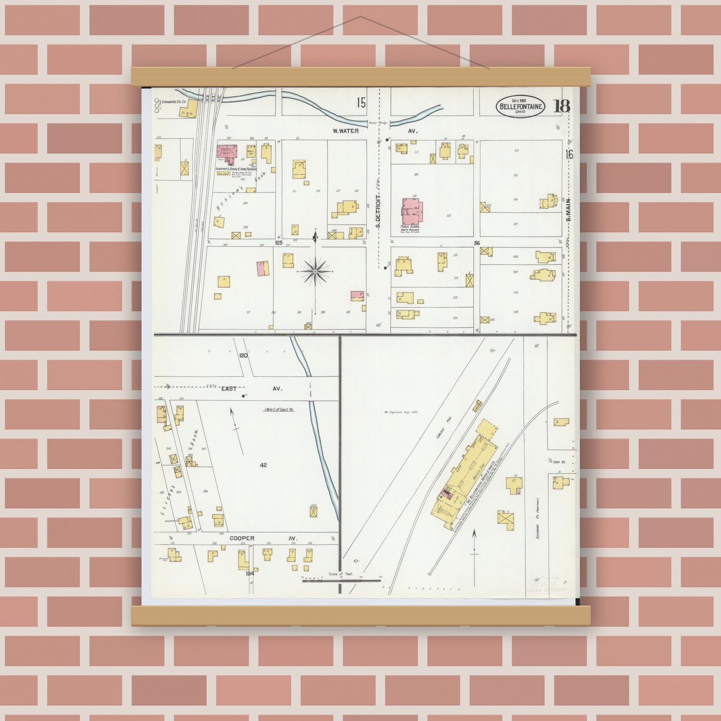 Old map wall art mockup — magnetic wood frame on brick wall — Sanborn Fire Insurance Map from Bellefontaine, Logan County, Ohio (1901), Sheet #0018