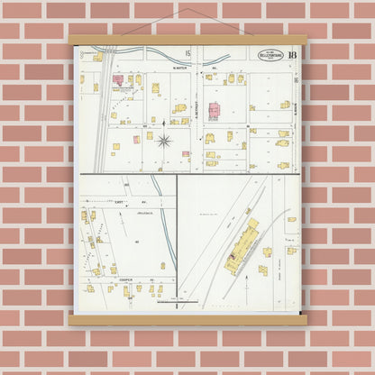 Old map wall art mockup — magnetic wood frame on brick wall — Sanborn Fire Insurance Map from Bellefontaine, Logan County, Ohio (1901), Sheet #0018