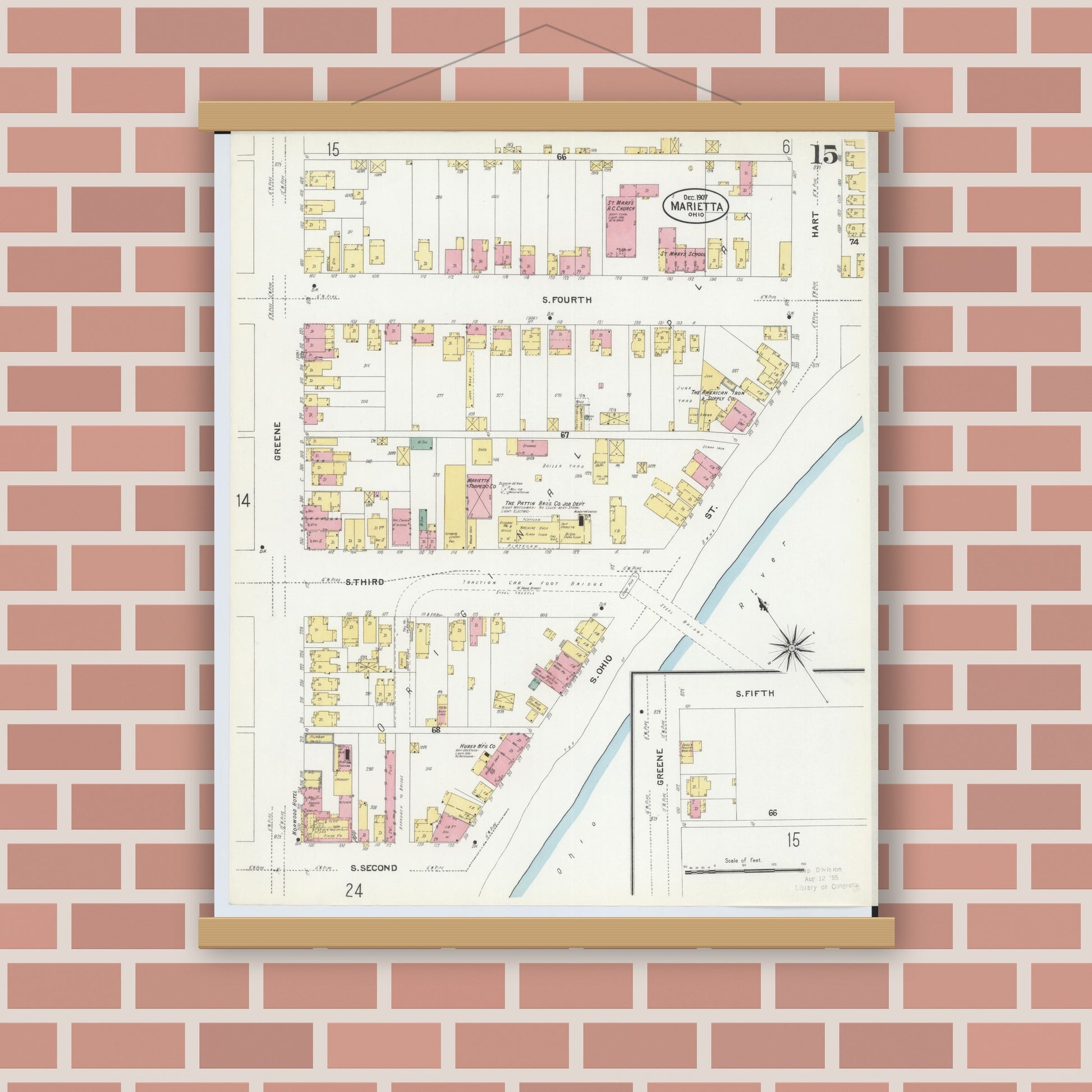 Old map wall art mockup — magnetic wood frame on brick wall — Sanborn Fire Insurance Map from Marietta, Washington County, Ohio (1907), Sheet #0015