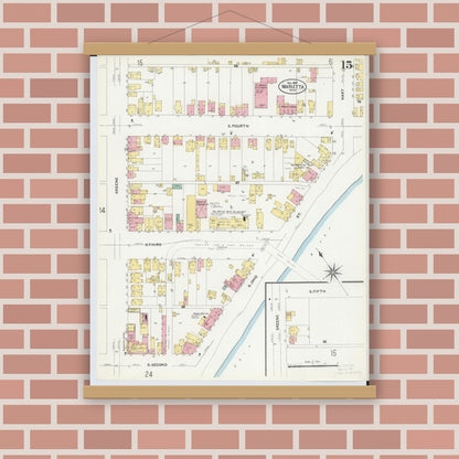 Old map wall art mockup — magnetic wood frame on brick wall — Sanborn Fire Insurance Map from Marietta, Washington County, Ohio (1907), Sheet #0015