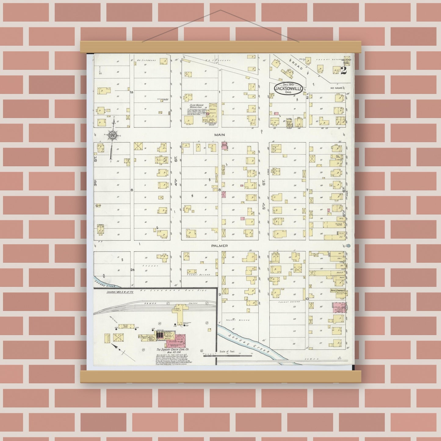 Old map wall art mockup — magnetic wood frame on brick wall — Sanborn Fire Insurance Map from Jacksonville, Athens County, Ohio (1913), Sheet #0002