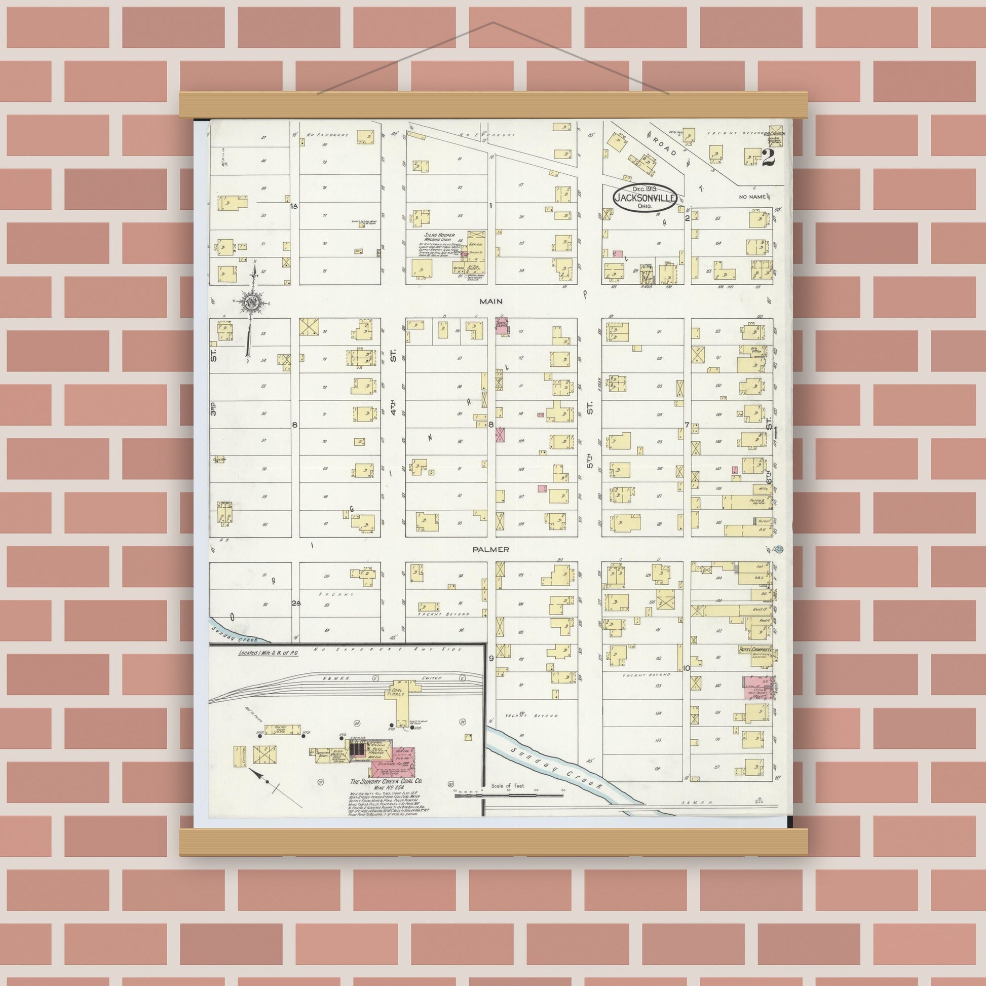 Old map wall art mockup — magnetic wood frame on brick wall — Sanborn Fire Insurance Map from Jacksonville, Athens County, Ohio (1913), Sheet #0002