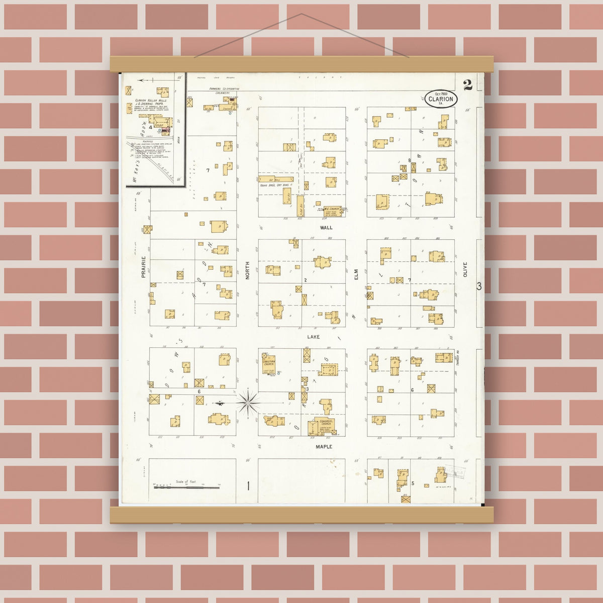 Old map wall art mockup — magnetic wood frame on brick wall — Sanborn Fire Insurance Map from Clarion, Wright County, Iowa (1900), Sheet #0002
