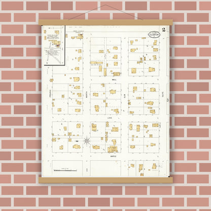 Old map wall art mockup — magnetic wood frame on brick wall — Sanborn Fire Insurance Map from Clarion, Wright County, Iowa (1900), Sheet #0002
