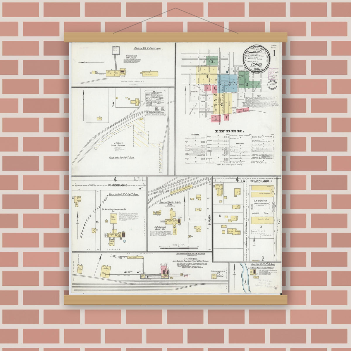 Old map wall art mockup — magnetic wood frame on brick wall — Sanborn Fire Insurance Map from Plano, Collin County, Texas (1901) - Complete Map Set