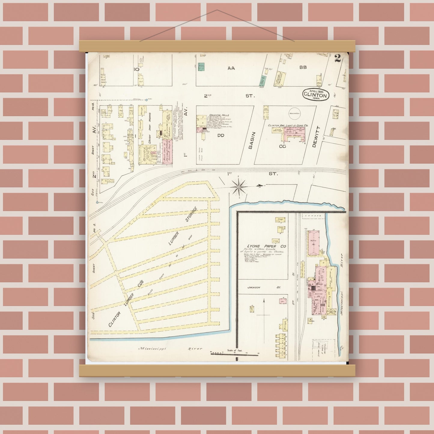 Old map wall art mockup — magnetic wood frame on brick wall — Sanborn Fire Insurance Map from Clinton, Clinton County, Iowa (1885), Sheet #0002