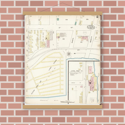 Old map wall art mockup — magnetic wood frame on brick wall — Sanborn Fire Insurance Map from Clinton, Clinton County, Iowa (1885), Sheet #0002