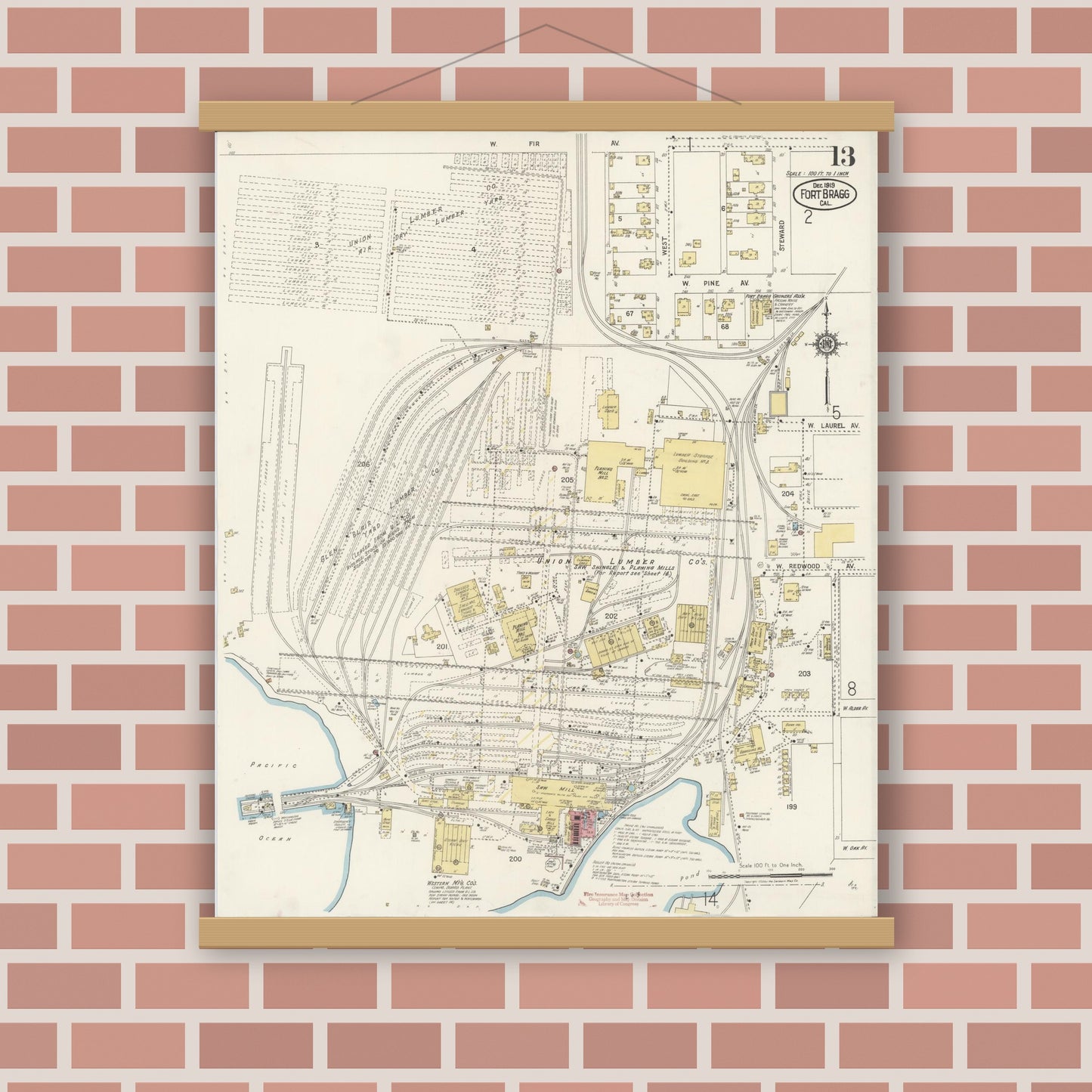 Old map wall art mockup — magnetic wood frame on brick wall — Sanborn Fire Insurance Map from Fort Bragg, Mendocino County, California (1919), Sheet #0013
