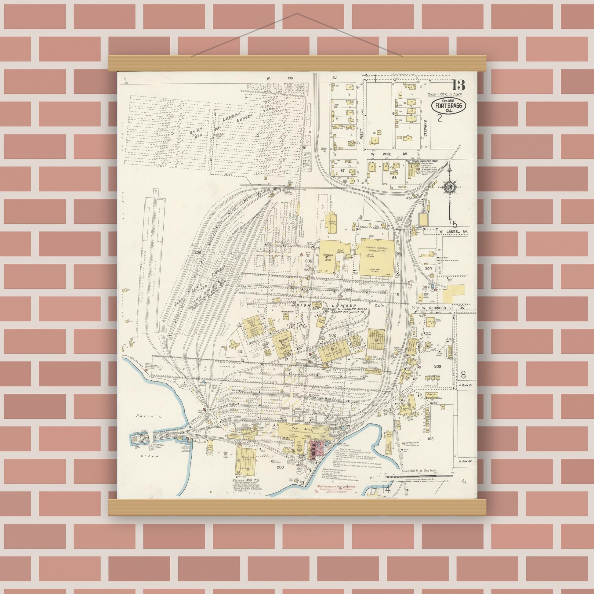 Old map wall art mockup — magnetic wood frame on brick wall — Sanborn Fire Insurance Map from Fort Bragg, Mendocino County, California (1919), Sheet #0013