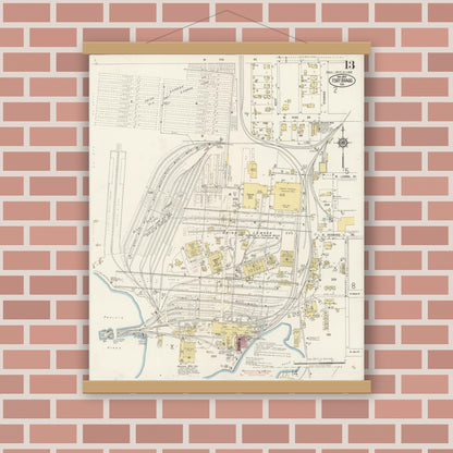 Old map wall art mockup — magnetic wood frame on brick wall — Sanborn Fire Insurance Map from Fort Bragg, Mendocino County, California (1919), Sheet #0013
