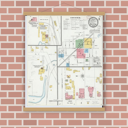 Old map wall art mockup — magnetic wood frame on brick wall — Sanborn Fire Insurance Map from Wellington, Lorain County, Ohio (1899), Sheet #0001