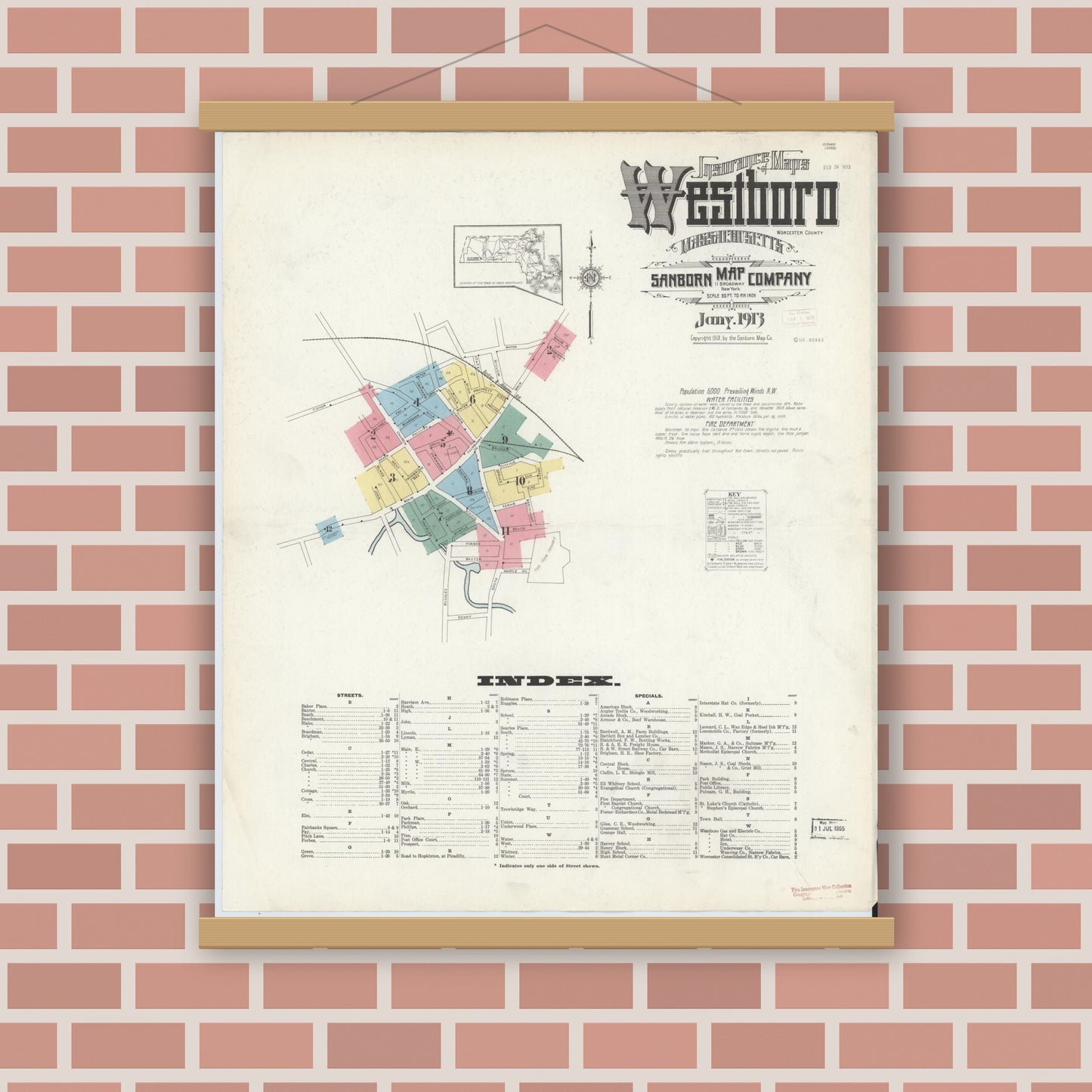 Old map wall art mockup — magnetic wood frame on brick wall — Sanborn Fire Insurance Map from Westboro, Worcester County, Massachusetts (1913), Sheet #0001