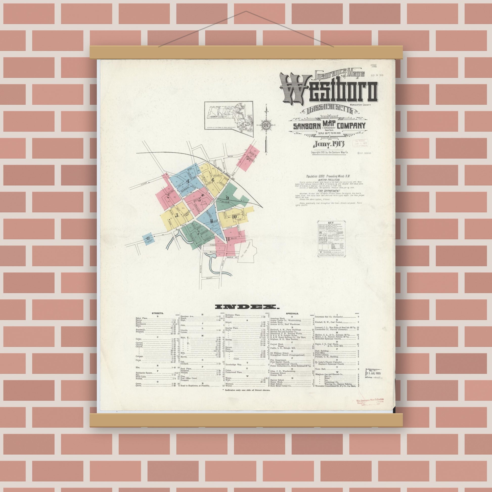 Old map wall art mockup — magnetic wood frame on brick wall — Sanborn Fire Insurance Map from Westboro, Worcester County, Massachusetts (1913), Sheet #0001