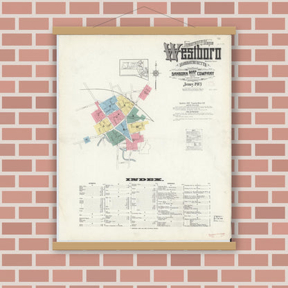 Old map wall art mockup — magnetic wood frame on brick wall — Sanborn Fire Insurance Map from Westboro, Worcester County, Massachusetts (1913), Sheet #0001