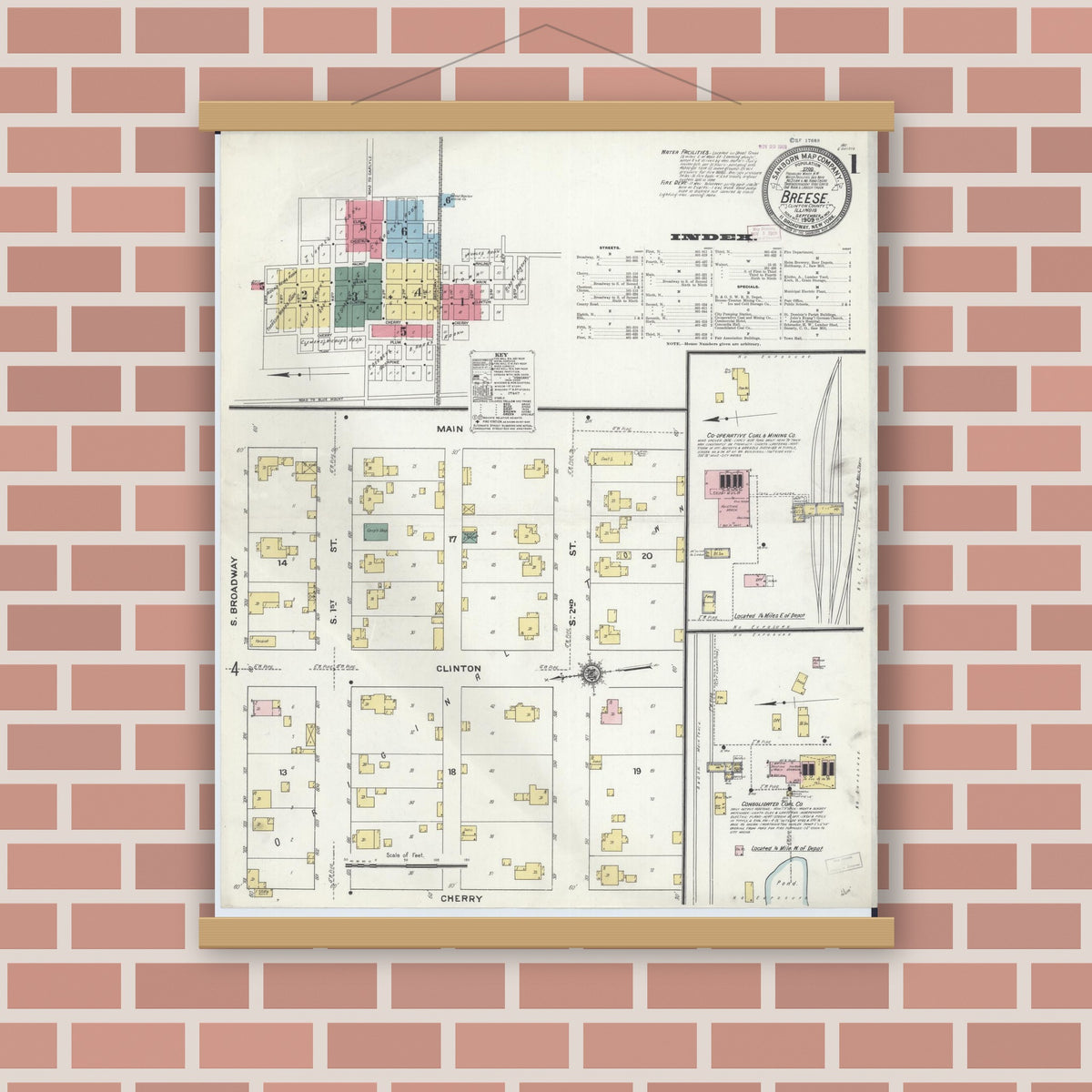 Old map wall art mockup — magnetic wood frame on brick wall — Sanborn Fire Insurance Map from Breese, Clinton County, Illinois (1909) - Complete Map Set