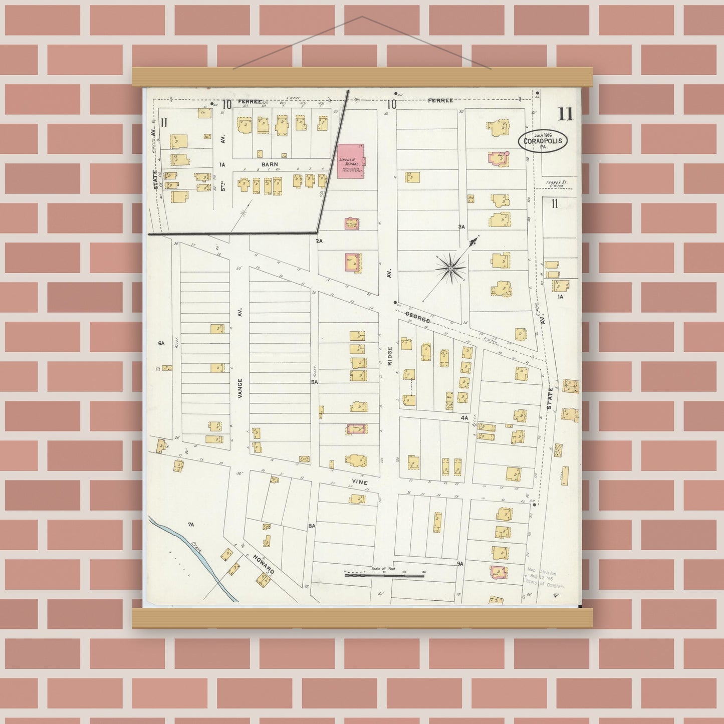 Old map wall art mockup — magnetic wood frame on brick wall — Sanborn Fire Insurance Map from Coraopolis, Allegheny County, Pennsylvania (1906), Sheet #0011