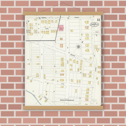 Old map wall art mockup — magnetic wood frame on brick wall — Sanborn Fire Insurance Map from Coraopolis, Allegheny County, Pennsylvania (1906), Sheet #0011