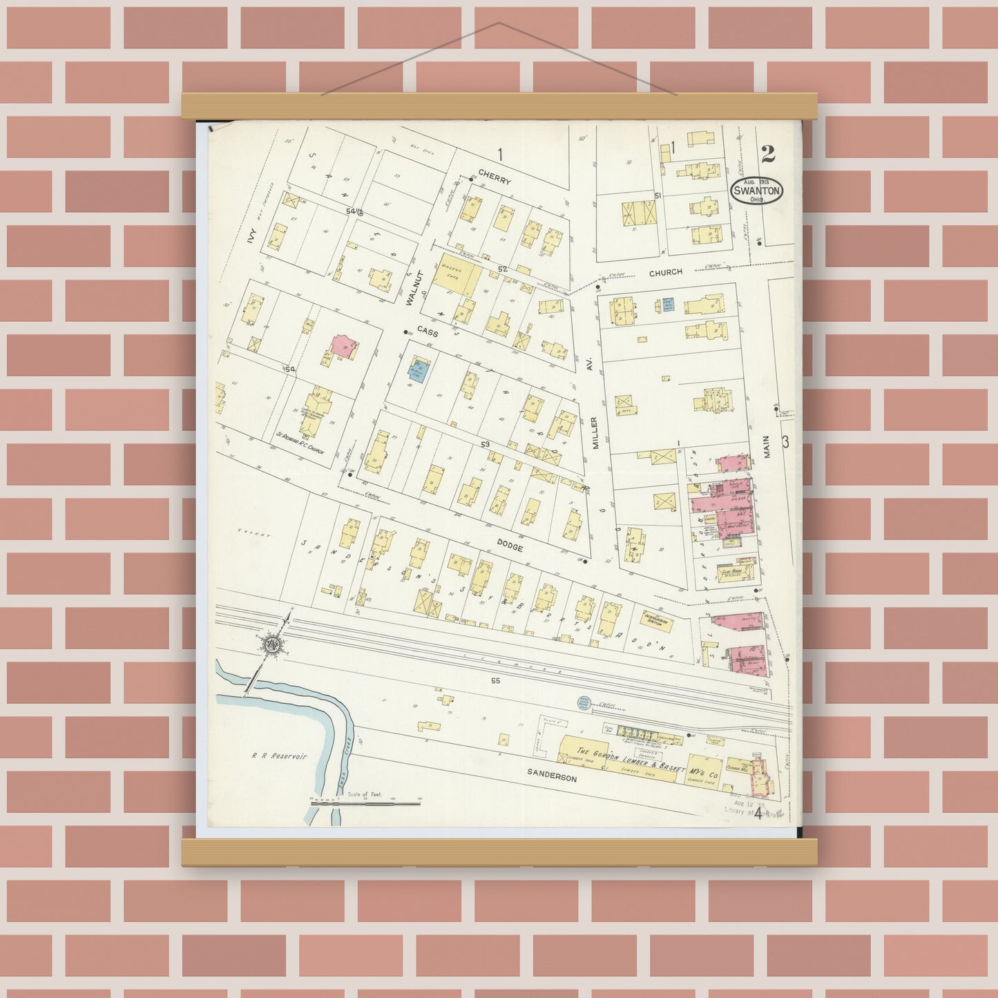 Old map wall art mockup — magnetic wood frame on brick wall — Sanborn Fire Insurance Map from Swanton, Fulton County, Ohio (1913), Sheet #0002