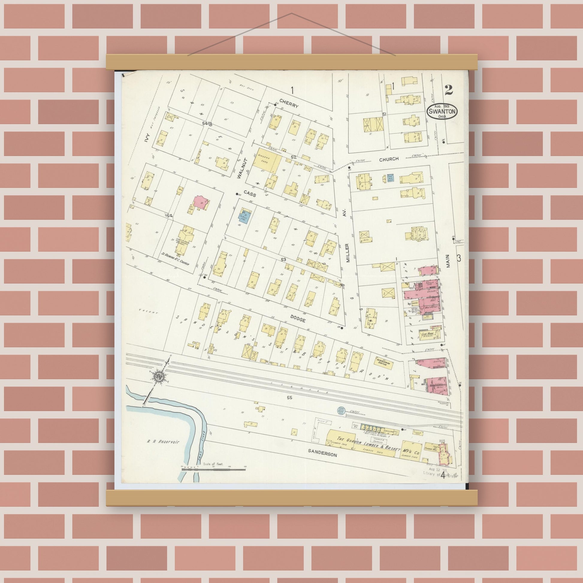 Old map wall art mockup — magnetic wood frame on brick wall — Sanborn Fire Insurance Map from Swanton, Fulton County, Ohio (1913), Sheet #0002