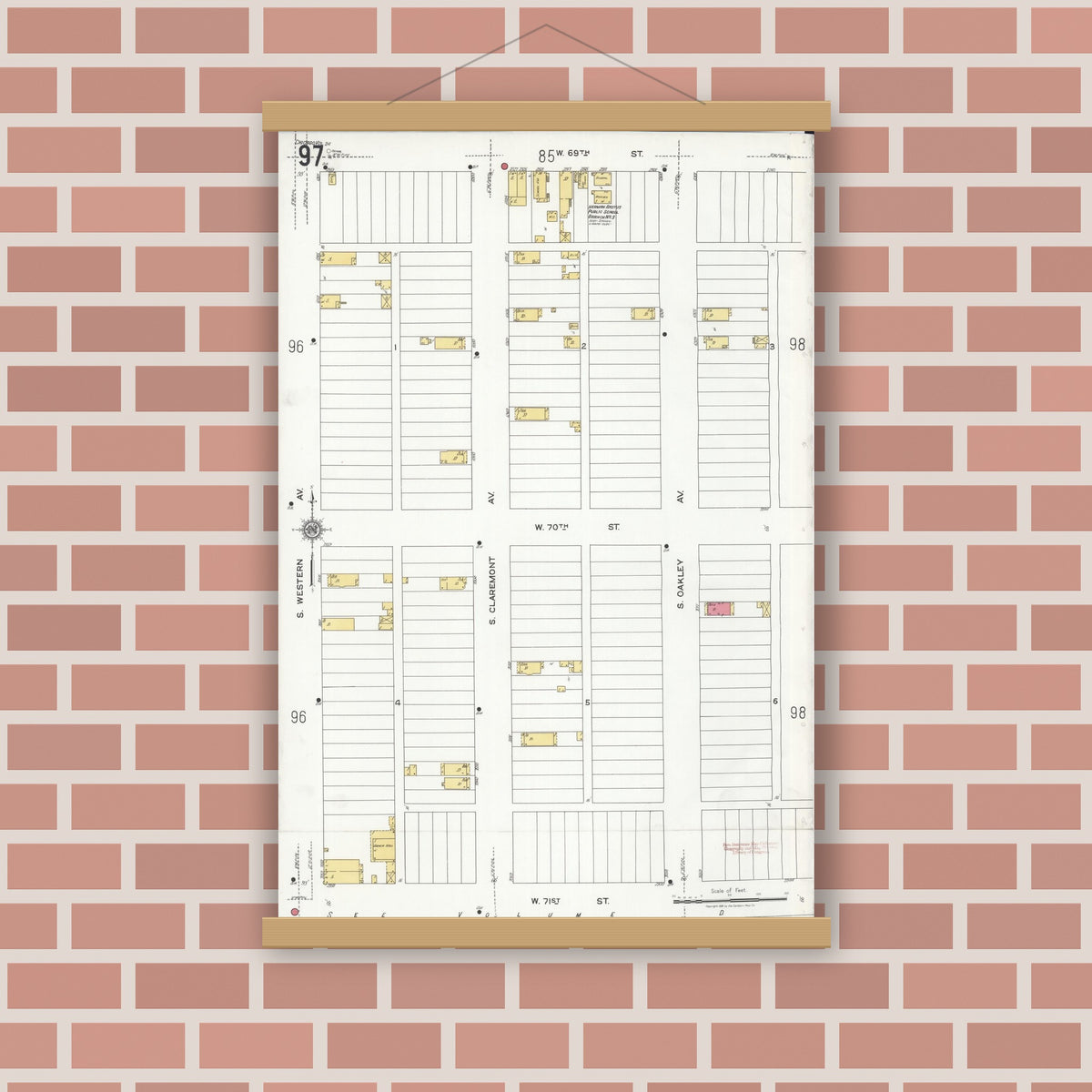 Old map wall art mockup — magnetic wood frame on brick wall — Sanborn Fire Insurance Map from Chicago, Cook County, Illinois (1920), Sheet #0097
