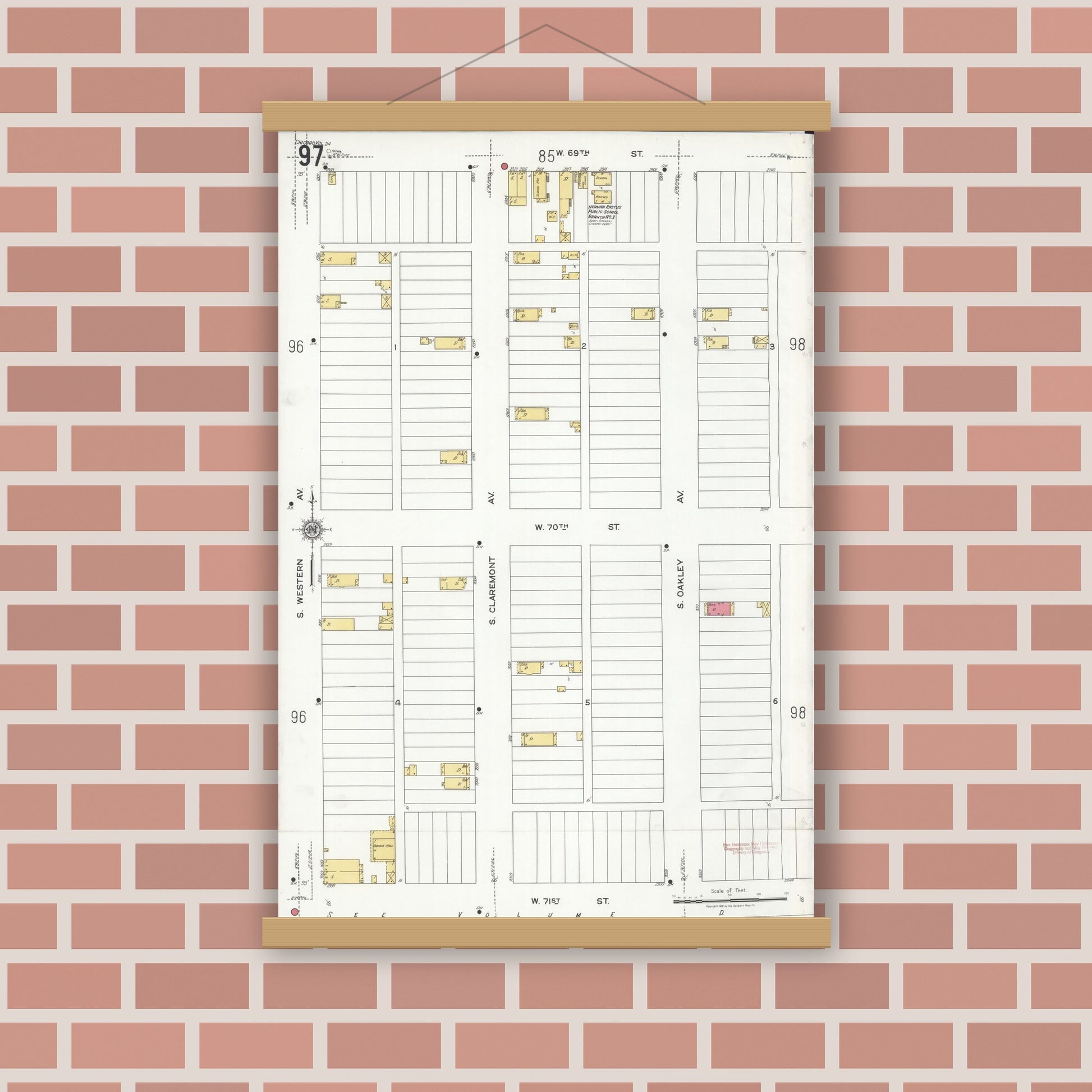 Old map wall art mockup — magnetic wood frame on brick wall — Sanborn Fire Insurance Map from Chicago, Cook County, Illinois (1920), Sheet #0097