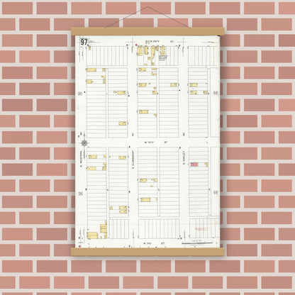 Old map wall art mockup — magnetic wood frame on brick wall — Sanborn Fire Insurance Map from Chicago, Cook County, Illinois (1920), Sheet #0097