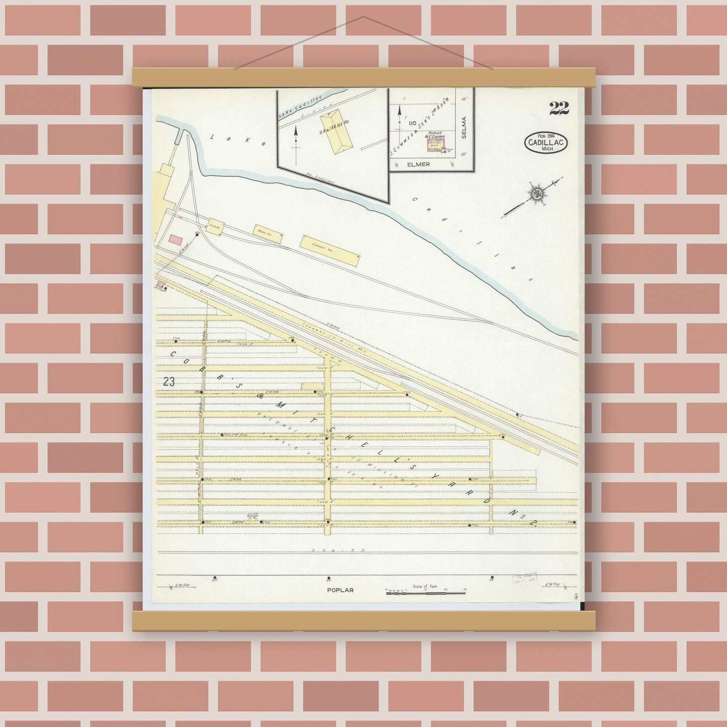Old map wall art mockup — magnetic wood frame on brick wall — Sanborn Fire Insurance Map from Cadillac, Wexford County, Michigan (1914), Sheet #0022