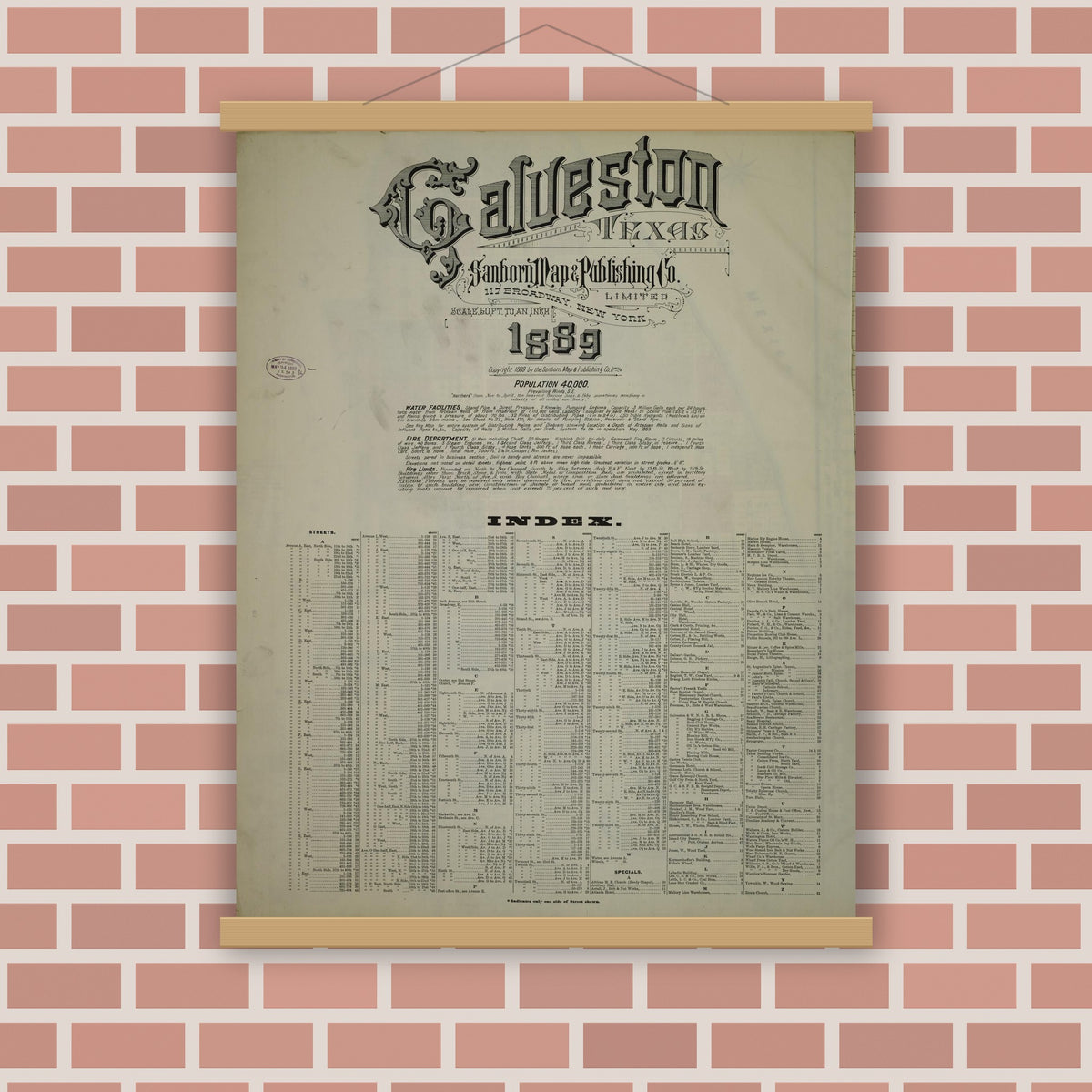 Old map wall art mockup — magnetic wood frame on brick wall — Sanborn Fire Insurance Map from Galveston, Galveston County, Texas (1889), Sheet #0001